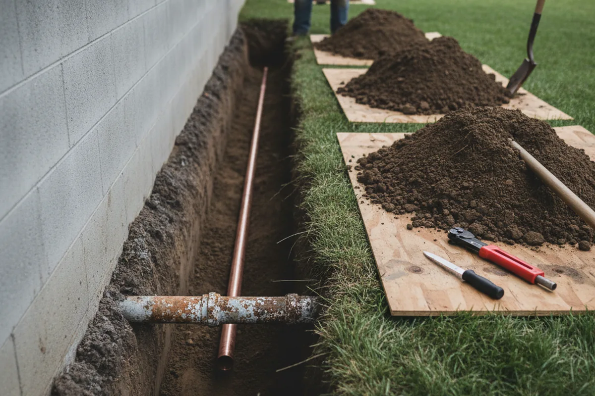 Excavated water line trench during Sewer Line Repair in Finchville